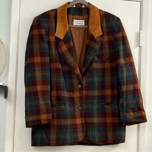 Vintage Brandon Thomas Multicolor Plaid Wool Jacket Tan Leather Collar Sz Large
